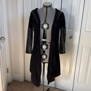 Edgy faux leather asymmetrical hooded black cardigan